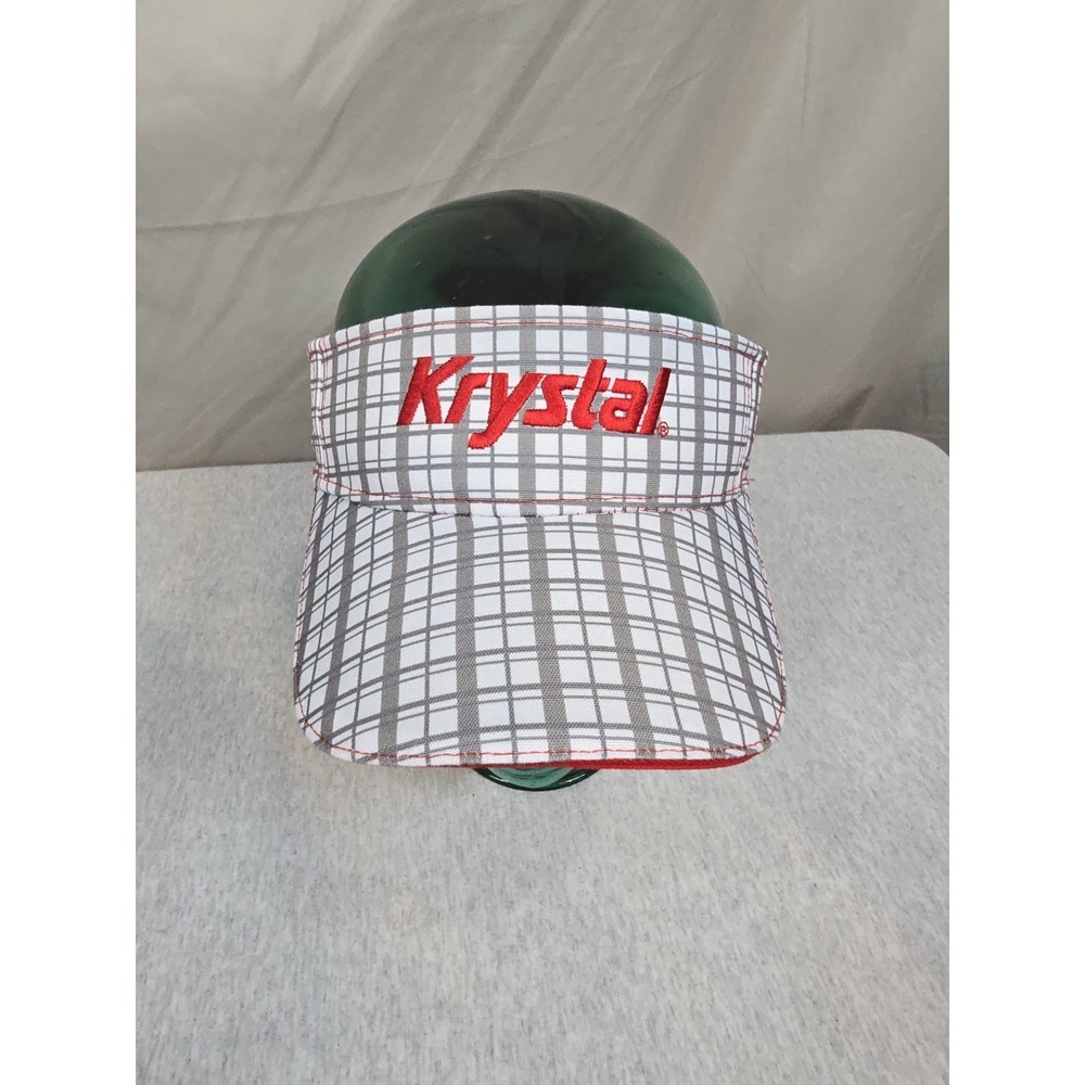 Krystal branded sun visor with red embroidery.plaid white and grey
